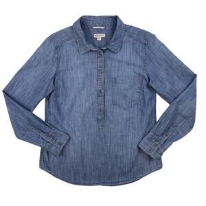 Merona Chambray Shirt Women Medium Blue Denim Collared Popover Top Long-sleeved